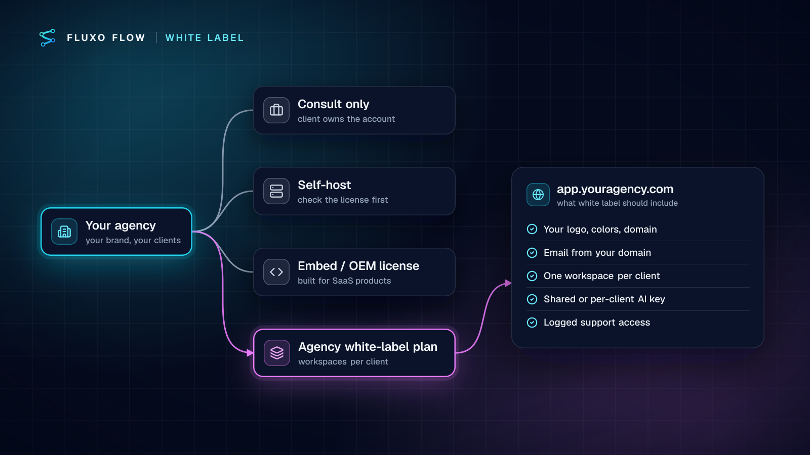An agency choosing between four ways to offer automation under its own brand: consulting on client accounts, self-hosting, an embed license and an agency white-label plan, which leads to a branded app checklist.